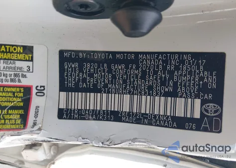 2017 Toyota Corolla Le z USA, uszkodzony, nr VIN 2T1BURHE7HC831837